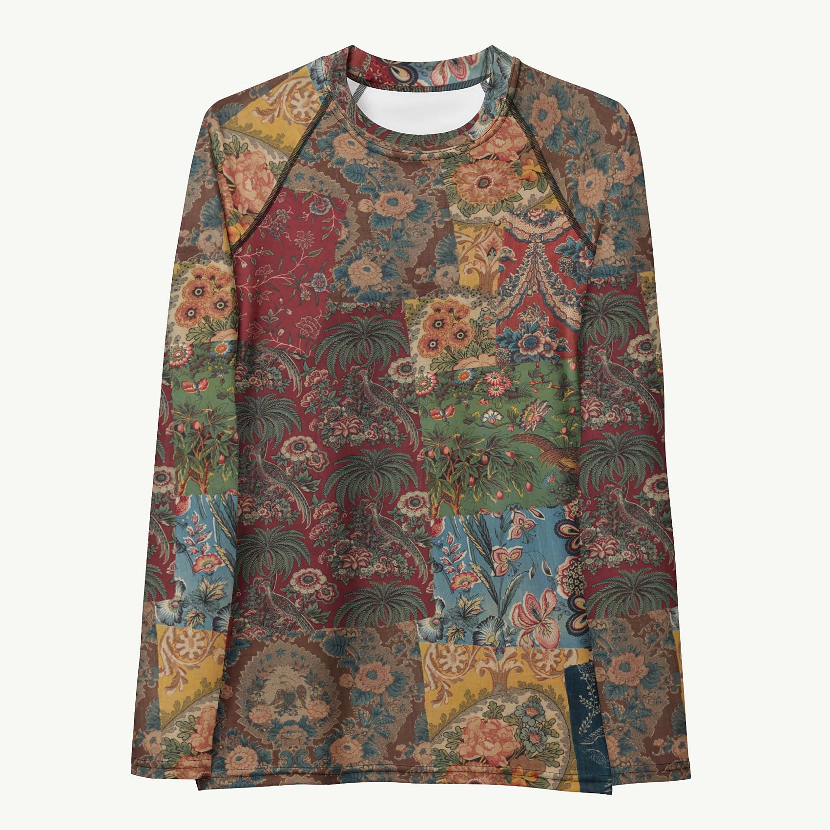 Fragments Of My Heart Rash Guard featuring Bold eclectic patchwork of antique quilt and fabric remnants in rich reds with hints of blue, green and yellow in a warm, gloriously imperfect vintage style, women’s rash guard