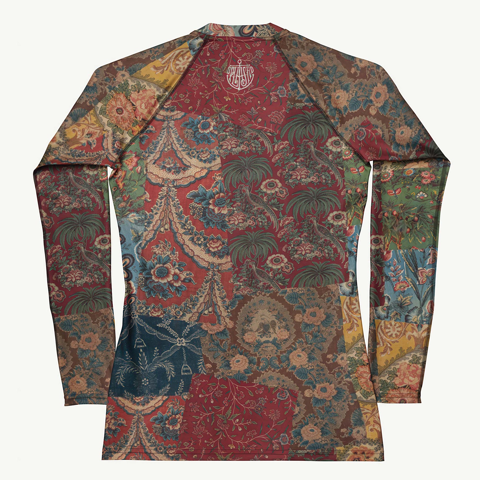 Fragments Of My Heart Rash Guard featuring Bold eclectic patchwork of antique quilt and fabric remnants in rich reds with hints of blue, green and yellow in a warm, gloriously imperfect vintage style, women’s rash guard in vintage print