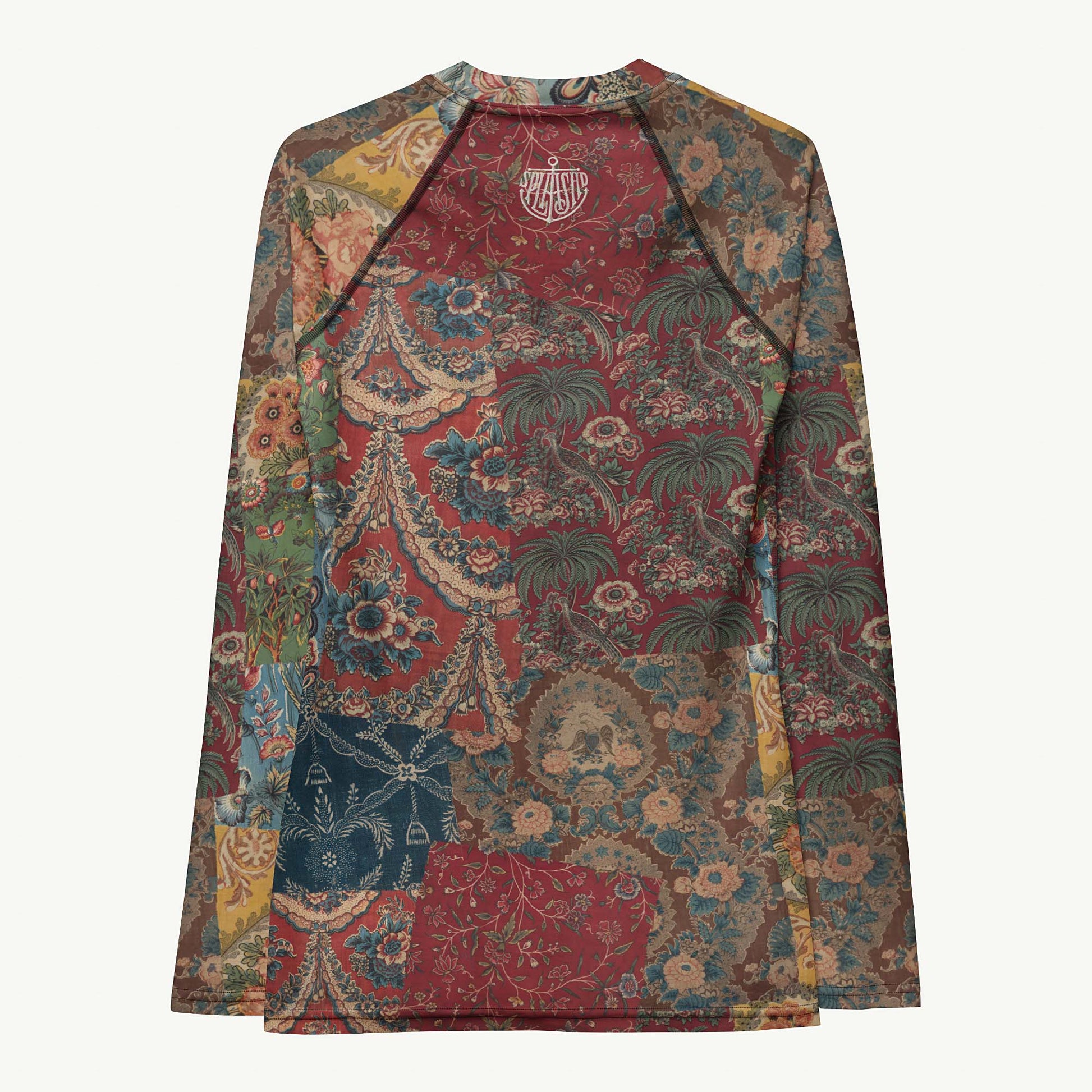 Fragments Of My Heart Rash Guard featuring Bold eclectic patchwork of antique quilt and fabric remnants in rich reds with hints of blue, green and yellow in a warm, gloriously imperfect vintage style, women’s rash guard with detailed artwork