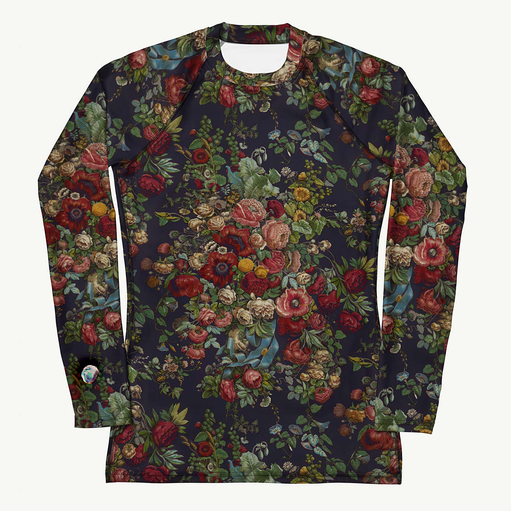 Stop and Smell The Roses Rash Guard featuring Rich deep indigo background with tumbling opulent cabbage roses in reds and pinks with a delicate blue ribbon detail, adapted from mid 1800s Chintz, women’s rash guard