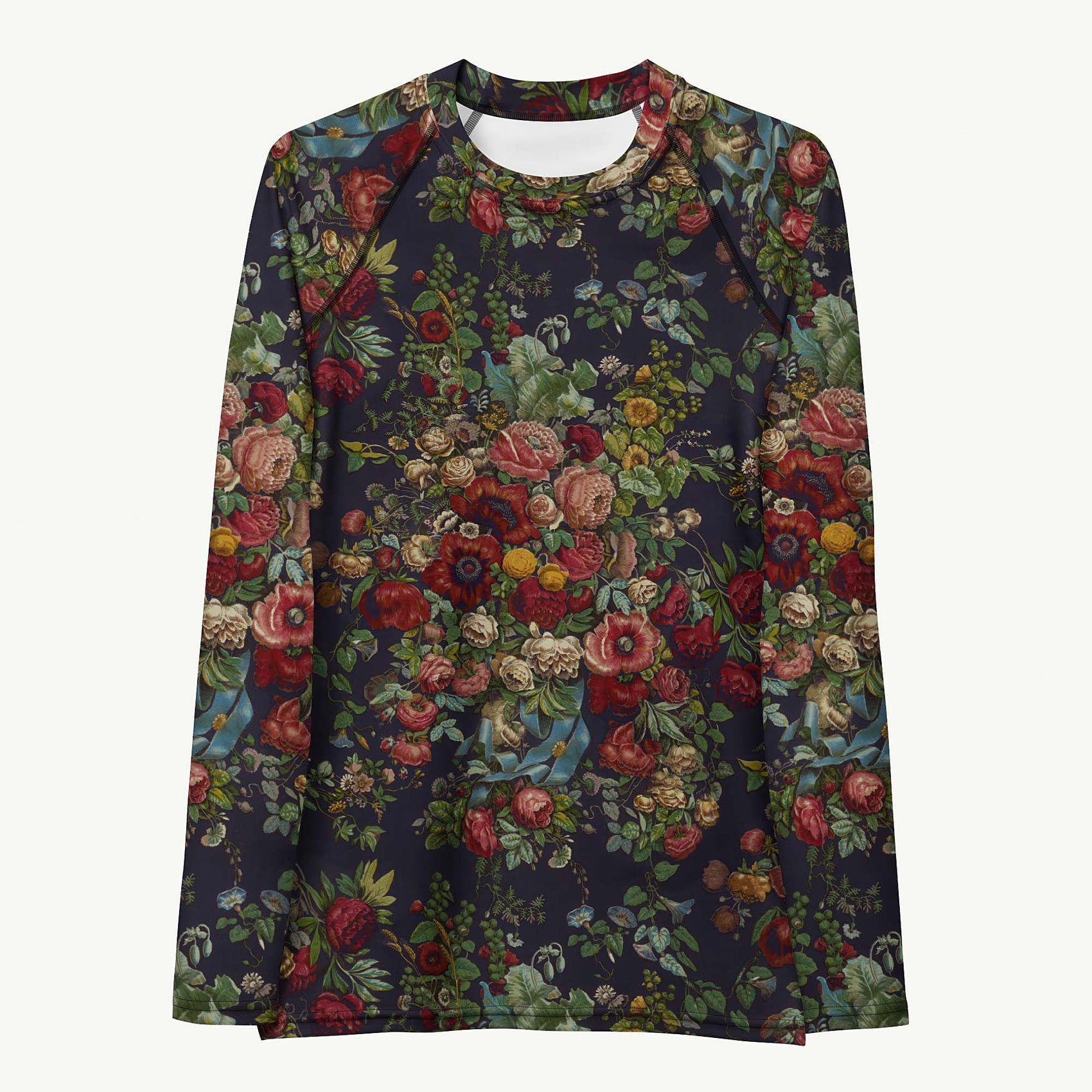 Stop and Smell The Roses Rash Guard featuring Rich deep indigo background with tumbling opulent cabbage roses in reds and pinks with a delicate blue ribbon detail, adapted from mid 1800s Chintz, lightweight women’s rash guard