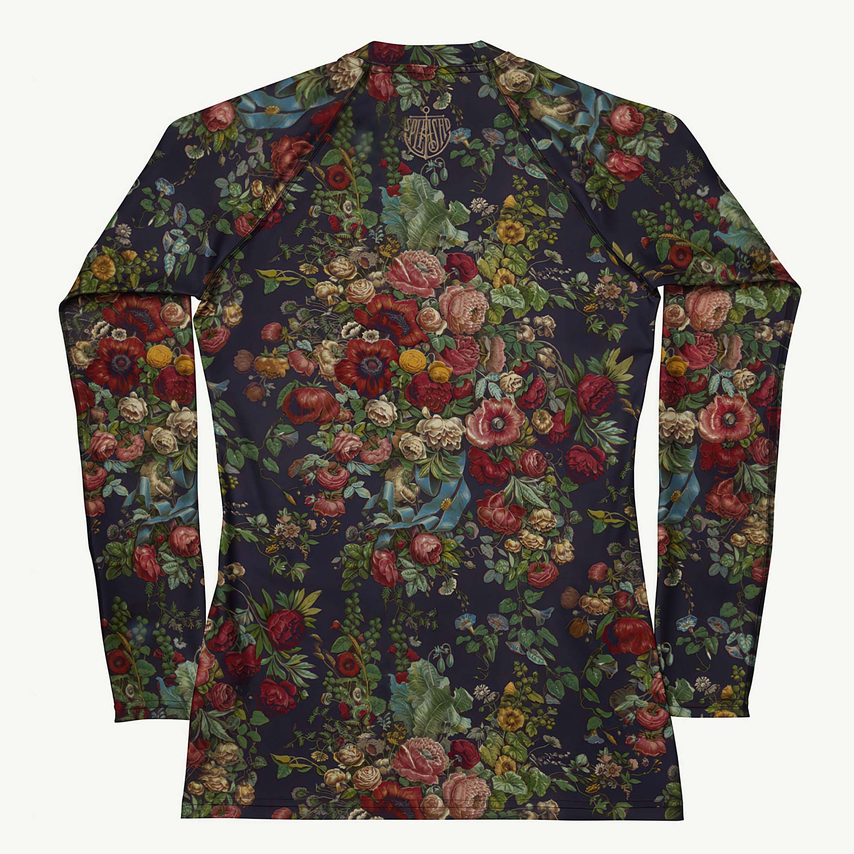 Stop and Smell The Roses Rash Guard featuring Rich deep indigo background with tumbling opulent cabbage roses in reds and pinks with a delicate blue ribbon detail, adapted from mid 1800s Chintz, women’s rash guard in vintage print