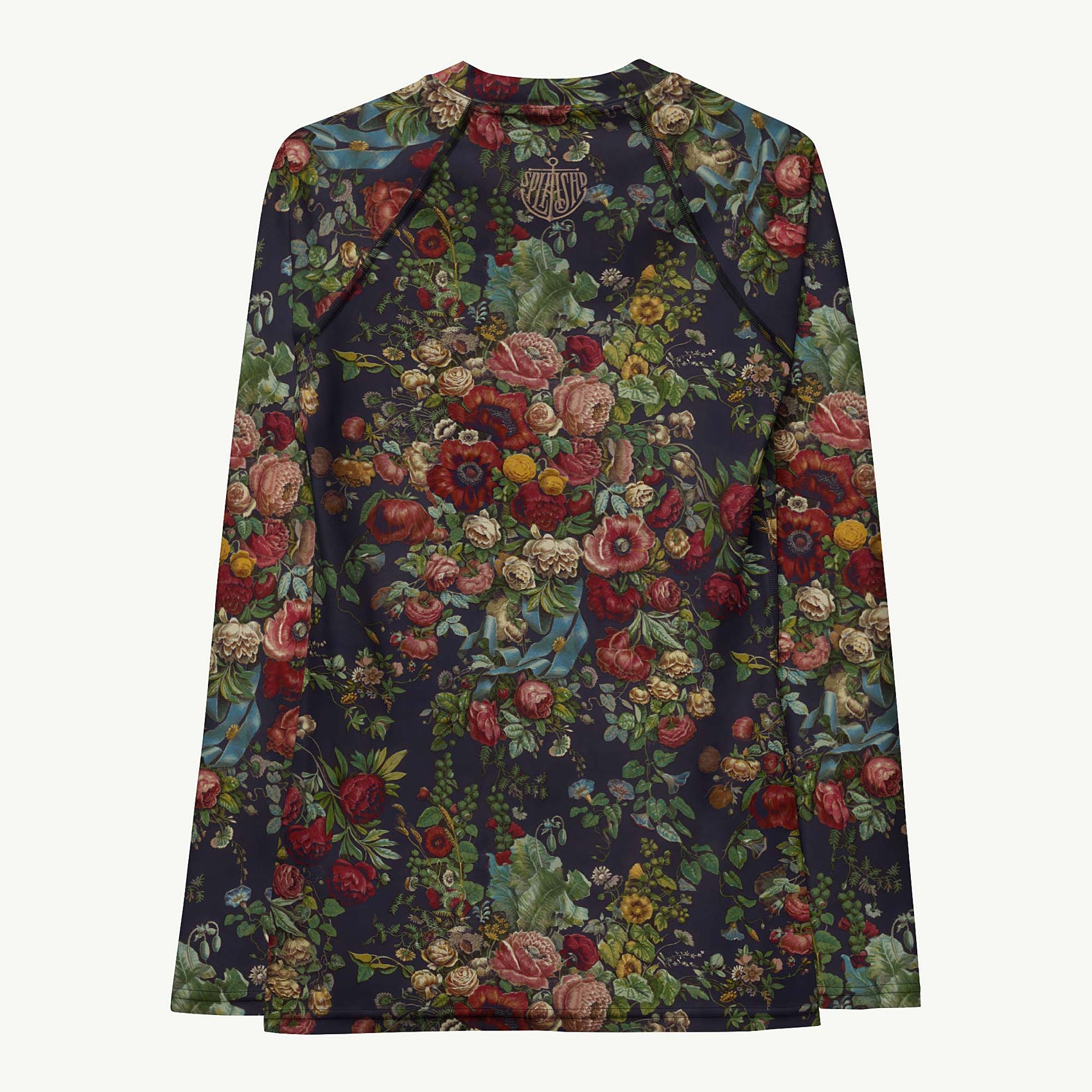 Stop and Smell The Roses Rash Guard featuring Rich deep indigo background with tumbling opulent cabbage roses in reds and pinks with a delicate blue ribbon detail, adapted from mid 1800s Chintz, women’s rash guard with detailed artwork