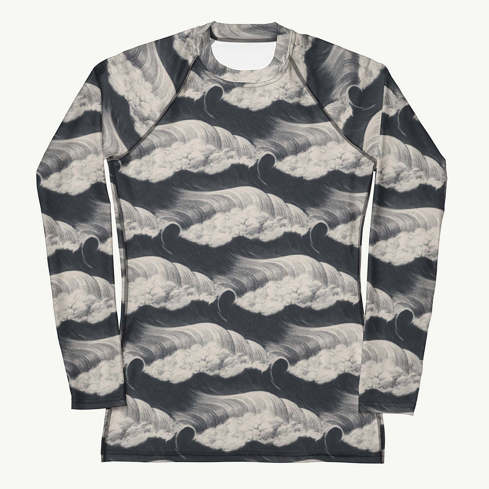 Tide and Seek Rash Guard featuring Hypnotic repeating wave pattern in a moody palette, inspired by Japanese woodblock print tradition with rolling rhythmic movement, women’s rash guard in vintage print