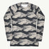Tide and Seek Rash Guard featuring Hypnotic repeating wave pattern in a moody palette, inspired by Japanese woodblock print tradition with rolling rhythmic movement, women’s rash guard in vintage print