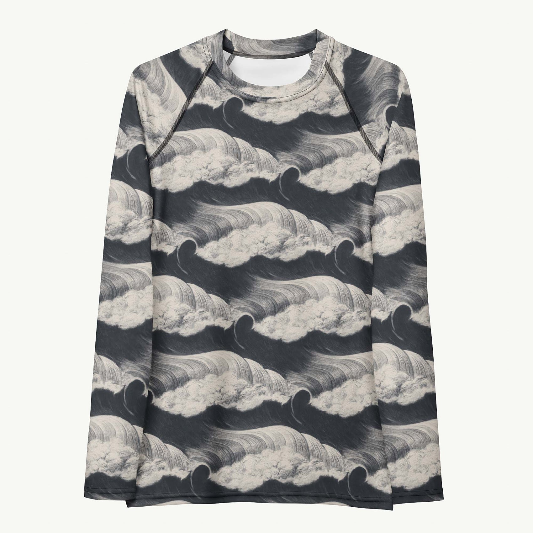 Tide and Seek Rash Guard featuring Hypnotic repeating wave pattern in a moody palette, inspired by Japanese woodblock print tradition with rolling rhythmic movement, women’s rash guard in vintage print