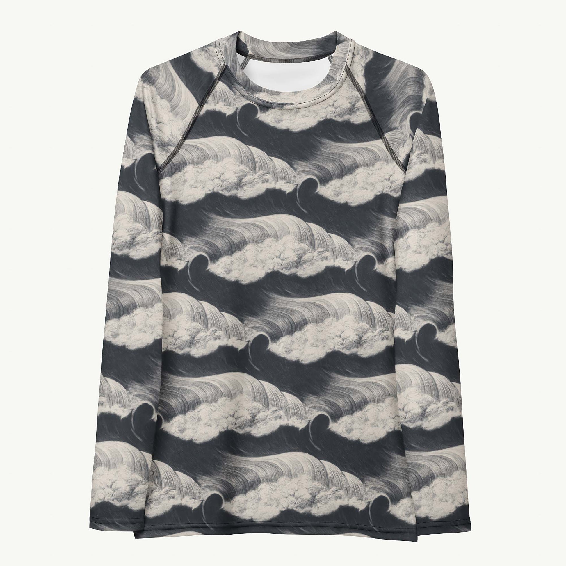 Tide and Seek Rash Guard featuring Hypnotic repeating wave pattern in a moody palette, inspired by Japanese woodblock print tradition with rolling rhythmic movement, women’s rash guard in vintage print