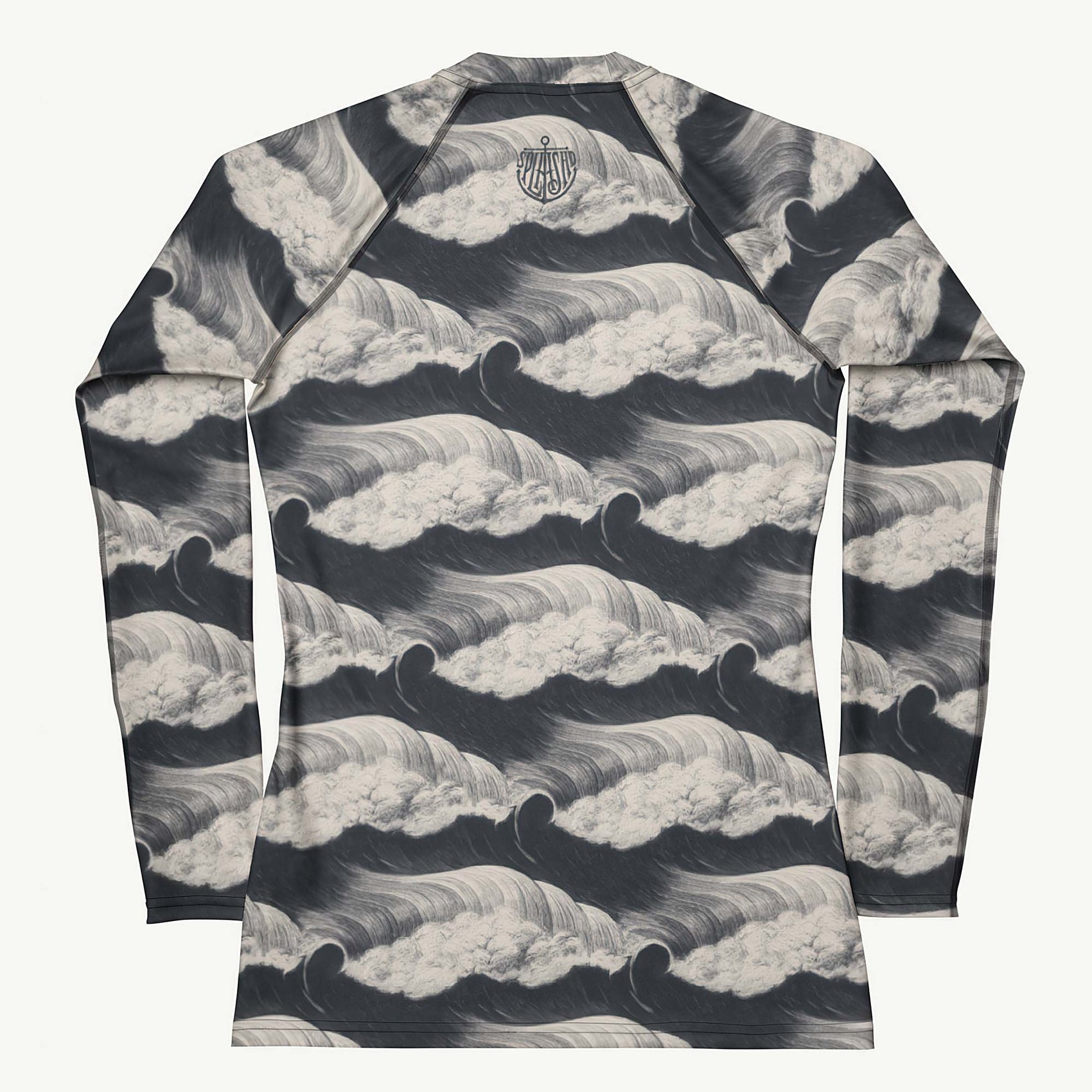 Tide and Seek Rash Guard featuring Hypnotic repeating wave pattern in a moody palette, inspired by Japanese woodblock print tradition with rolling rhythmic movement, women’s rash guard in vintage print
