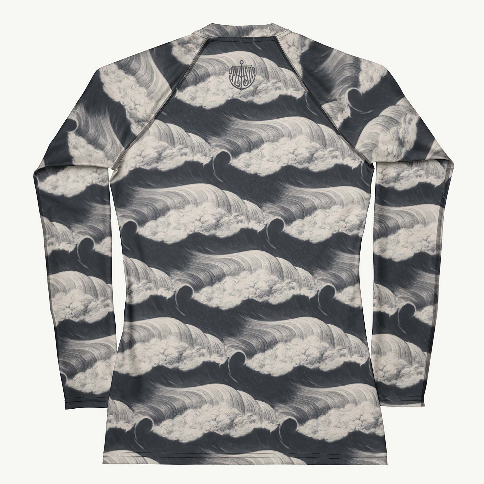 Tide and Seek Rash Guard featuring Hypnotic repeating wave pattern in a moody palette, inspired by Japanese woodblock print tradition with rolling rhythmic movement, women’s rash guard in vintage print