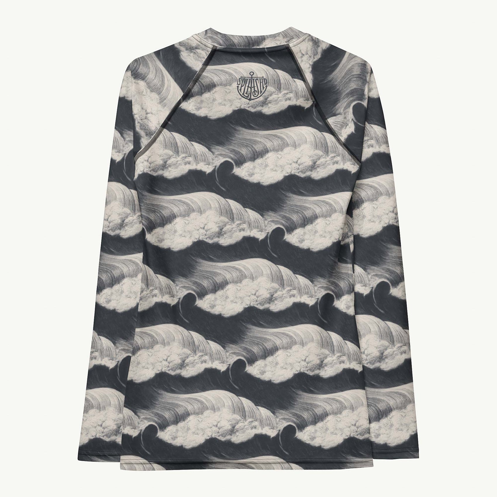 Tide and Seek Rash Guard featuring Hypnotic repeating wave pattern in a moody palette, inspired by Japanese woodblock print tradition with rolling rhythmic movement, women’s rash guard in vintage print