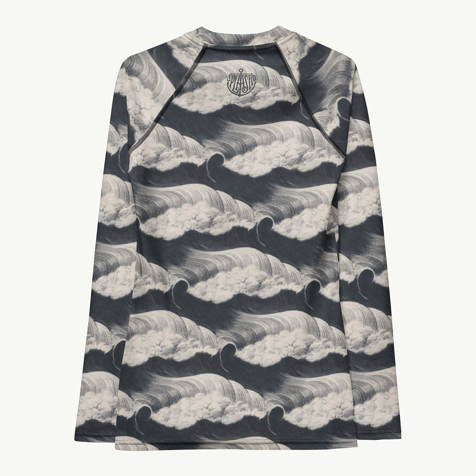 Tide and Seek Rash Guard featuring Hypnotic repeating wave pattern in a moody palette, inspired by Japanese woodblock print tradition with rolling rhythmic movement, women’s rash guard in vintage print