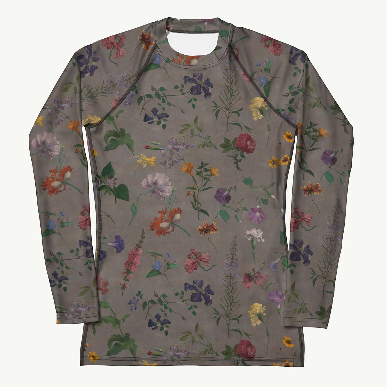What In Carnation Rash Guard featuring Dark moody background with vibrant wild botanical oil painting illustrations of poppies, morning glories and carnations in rich, dramatic colours, women’s rash guard