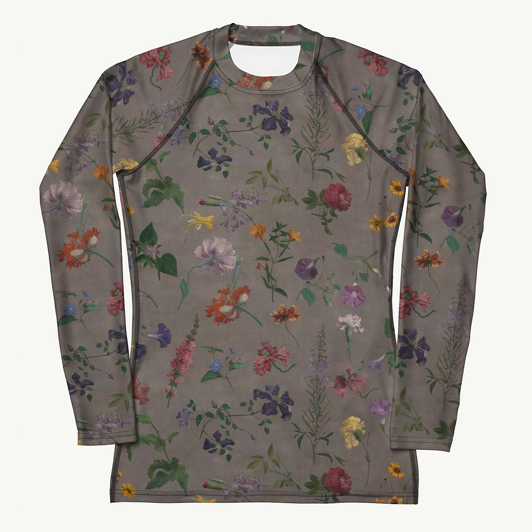 What In Carnation Rash Guard featuring Dark moody background with vibrant wild botanical oil painting illustrations of poppies, morning glories and carnations in rich, dramatic colours, women’s rash guard