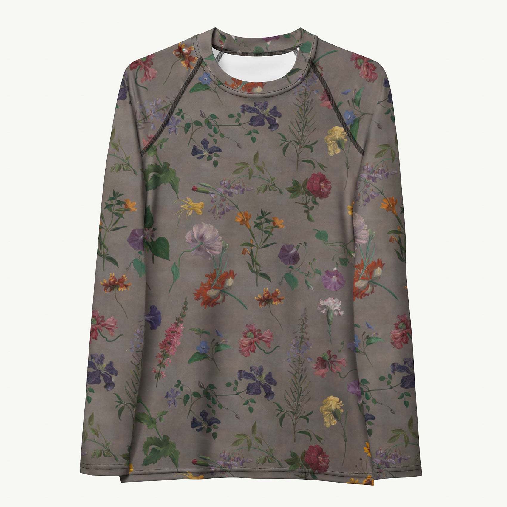 What In Carnation Rash Guard featuring Dark moody background with vibrant wild botanical oil painting illustrations of poppies, morning glories and carnations in rich, dramatic colours, women’s rash guard