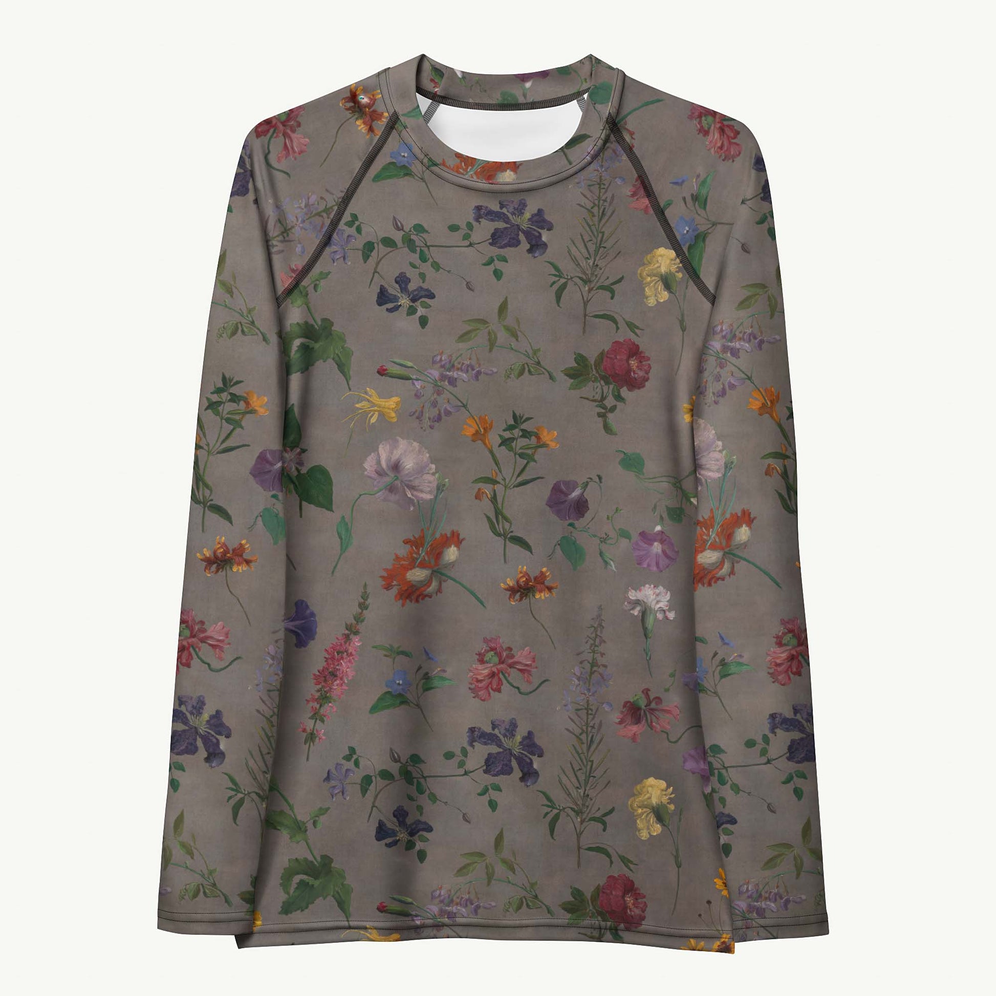 What In Carnation Rash Guard featuring Dark moody background with vibrant wild botanical oil painting illustrations of poppies, morning glories and carnations in rich, dramatic colours, women’s rash guard