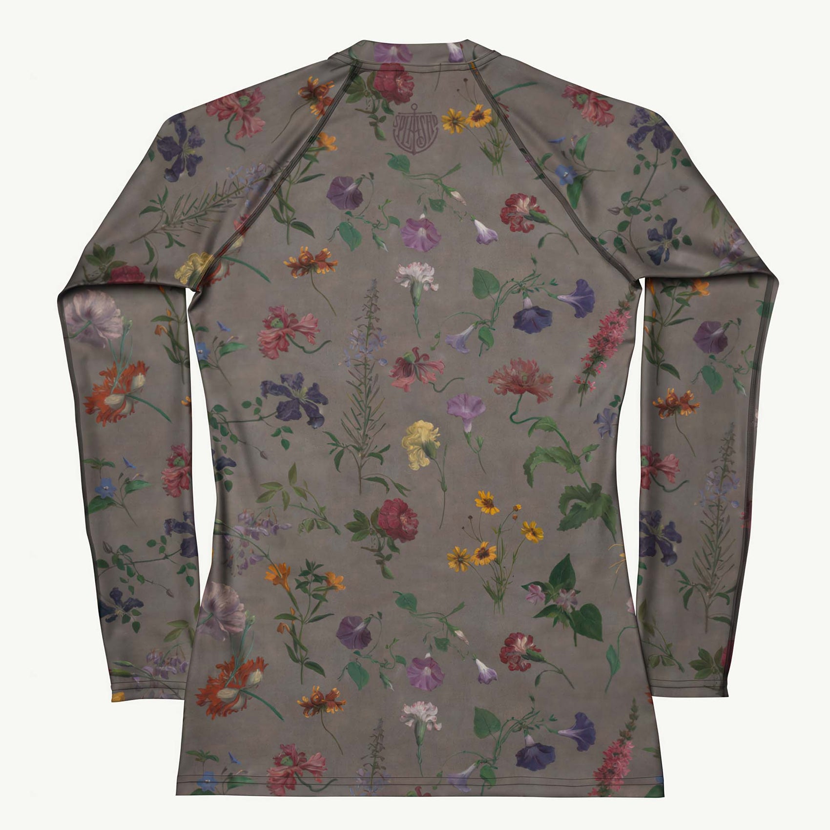 What In Carnation Rash Guard featuring Dark moody background with vibrant wild botanical oil painting illustrations of poppies, morning glories and carnations in rich, dramatic colours, lightweight women’s rash guard