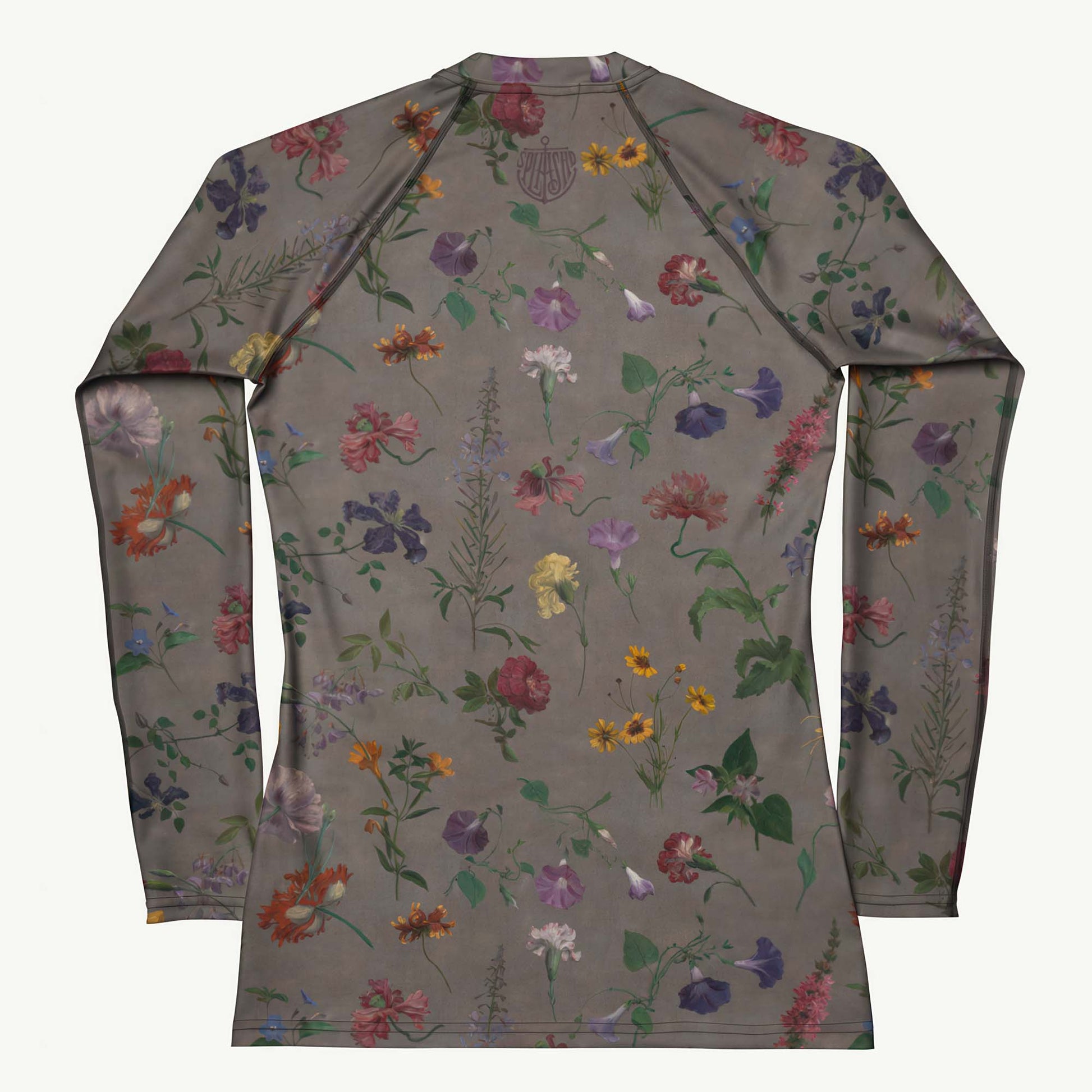 What In Carnation Rash Guard featuring Dark moody background with vibrant wild botanical oil painting illustrations of poppies, morning glories and carnations in rich, dramatic colours, lightweight women’s rash guard