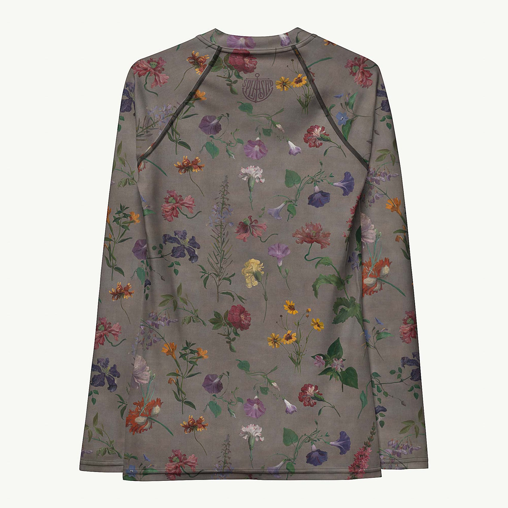 What In Carnation Rash Guard featuring Dark moody background with vibrant wild botanical oil painting illustrations of poppies, morning glories and carnations in rich, dramatic colours, women’s rash guard in vintage print