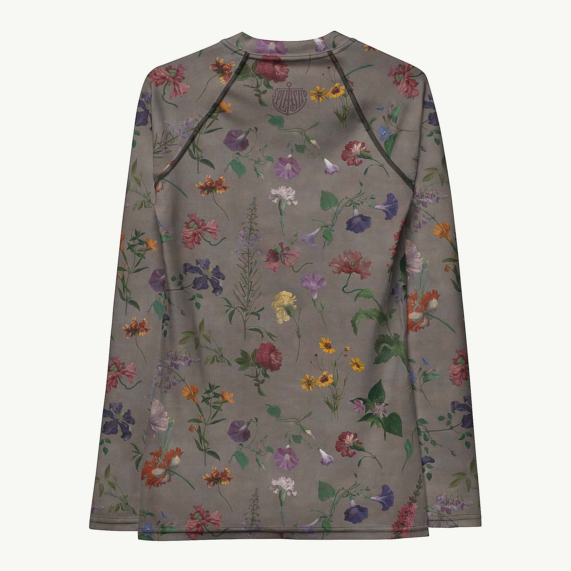 What In Carnation Rash Guard featuring Dark moody background with vibrant wild botanical oil painting illustrations of poppies, morning glories and carnations in rich, dramatic colours, women’s rash guard in vintage print