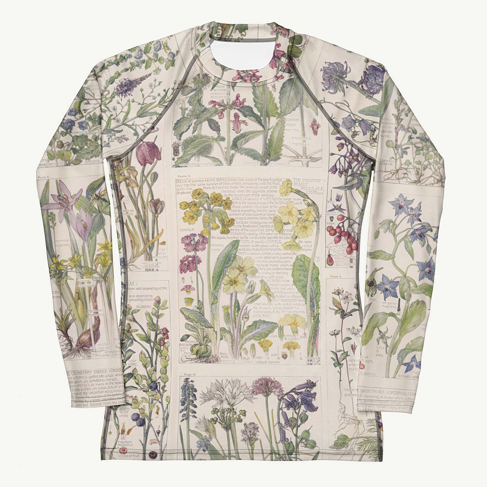 Wild About You Rash Guard featuring Clean white background with soft, romantic wildflower botanical illustrations in gentle pinks and mauves from an early 1900s British Arts and Crafts publication, women’s rash guard