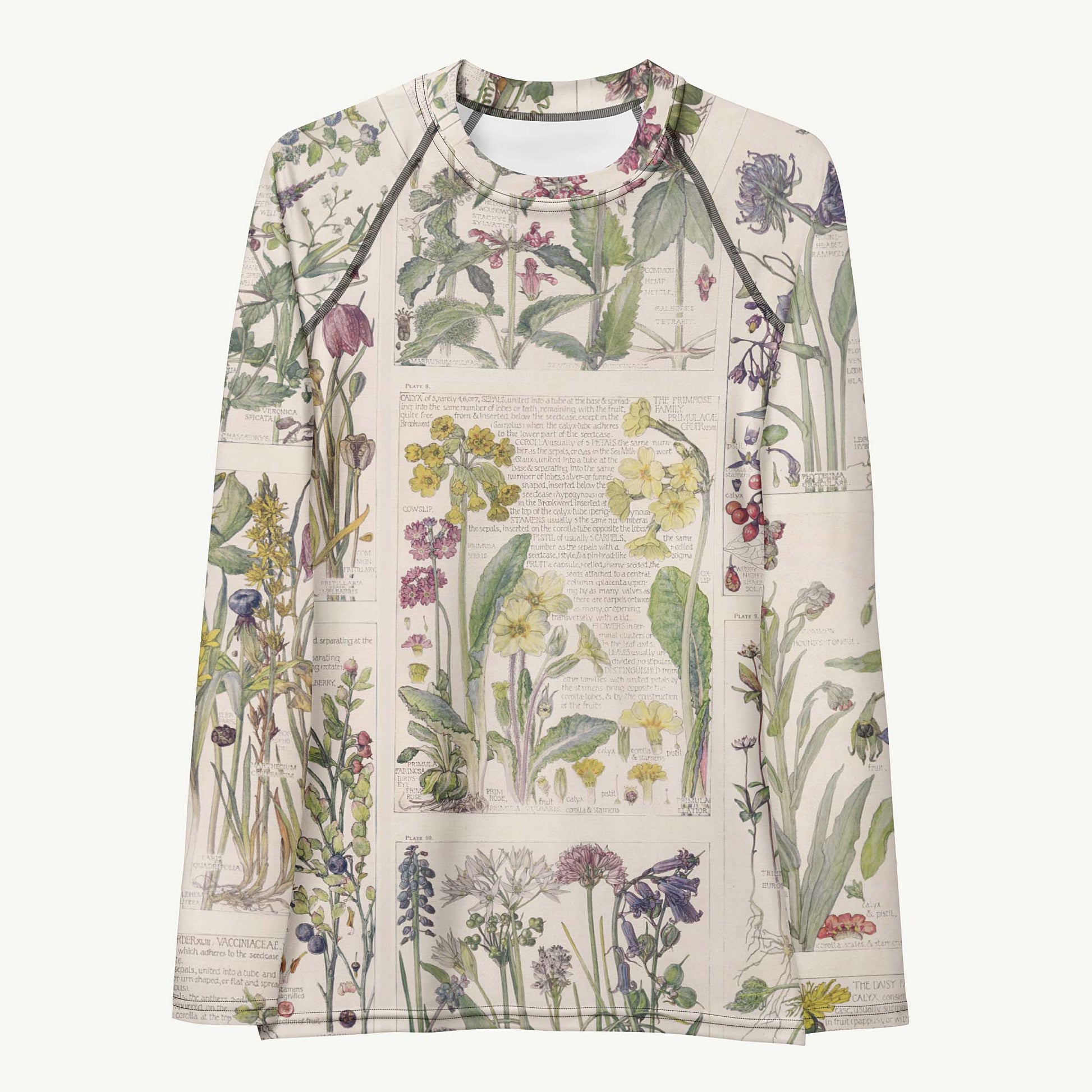 Wild About You Rash Guard featuring Clean white background with soft, romantic wildflower botanical illustrations in gentle pinks and mauves from an early 1900s British Arts and Crafts publication, lightweight women’s rash guard