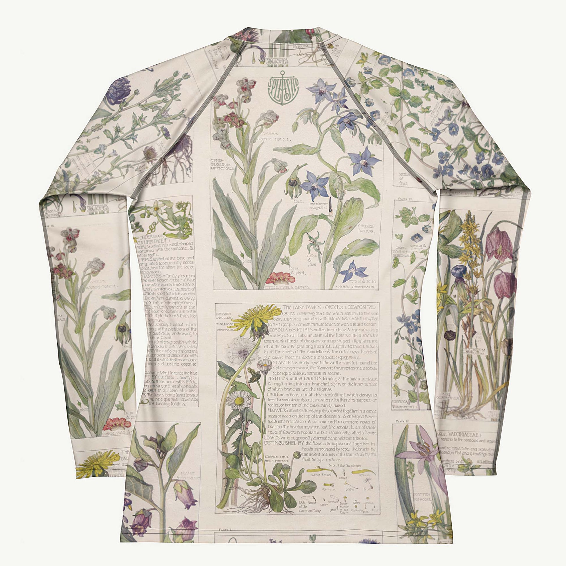 Wild About You Rash Guard featuring Clean white background with soft, romantic wildflower botanical illustrations in gentle pinks and mauves from an early 1900s British Arts and Crafts publication, women’s rash guard in vintage print