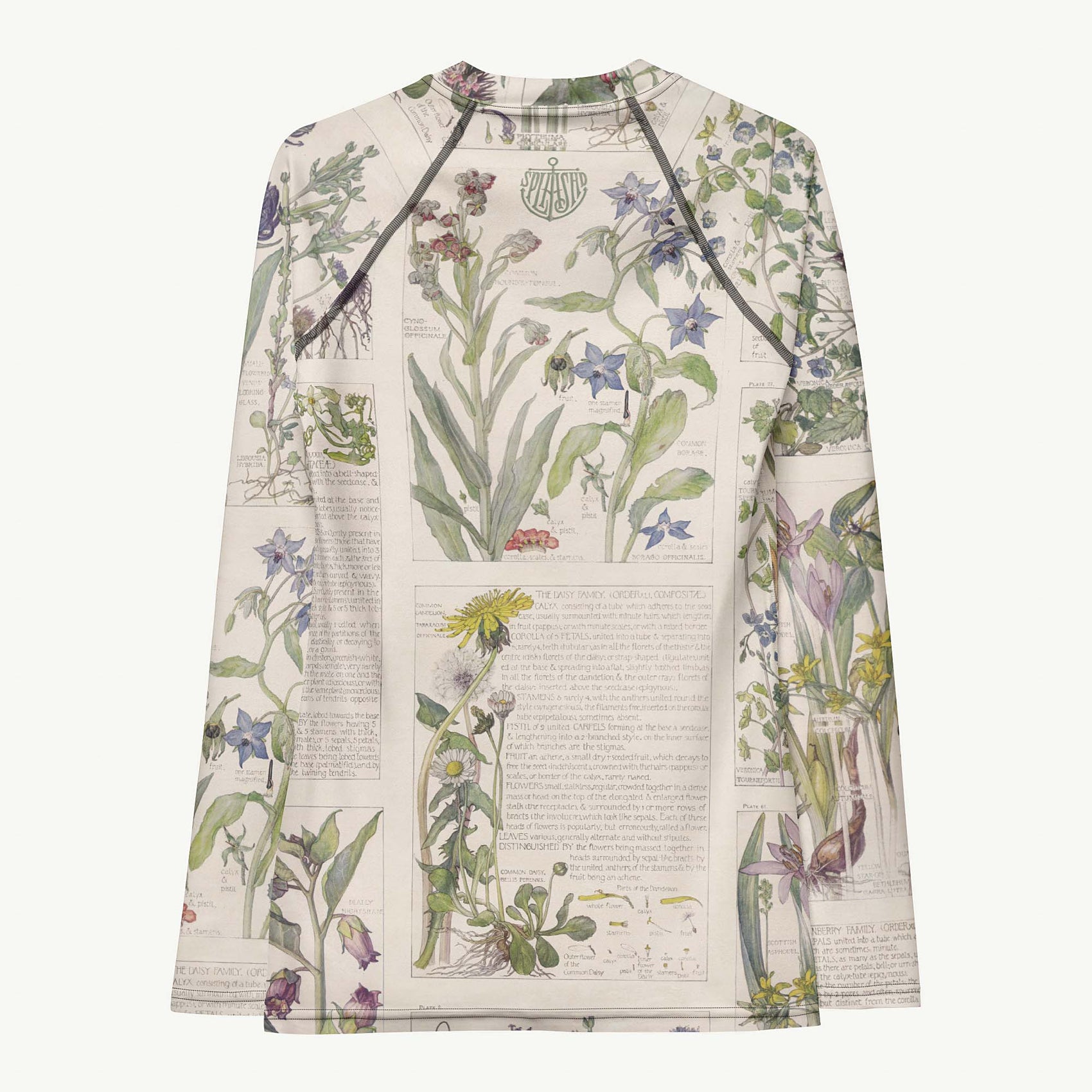 Wild About You Rash Guard featuring Clean white background with soft, romantic wildflower botanical illustrations in gentle pinks and mauves from an early 1900s British Arts and Crafts publication, women’s rash guard with detailed artwork