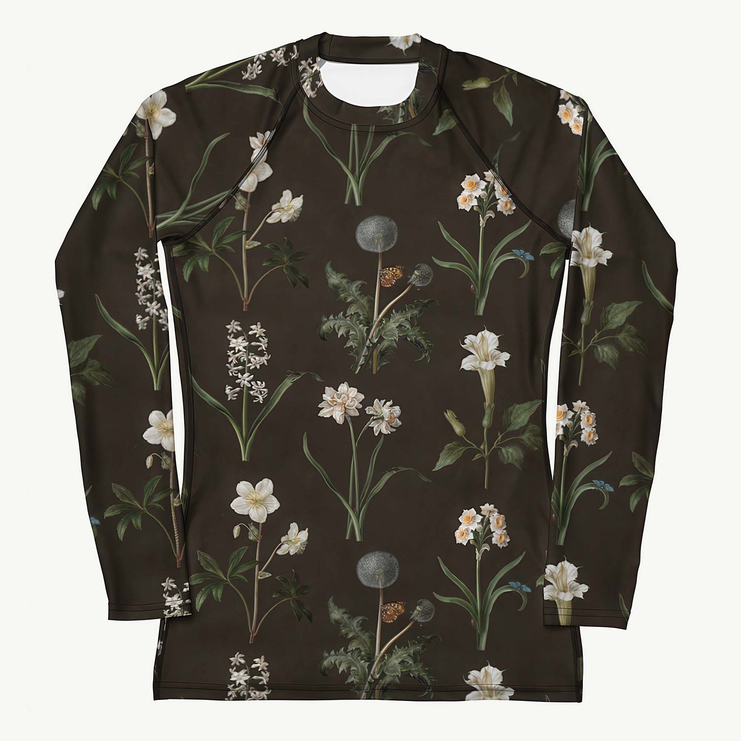 Wild At Hort Rash Guard featuring Deep dark brown background with precise, luminous white botanical specimen illustrations including a delicate dandelion seed head, in a hushed and contemplative style, women’s rash guard