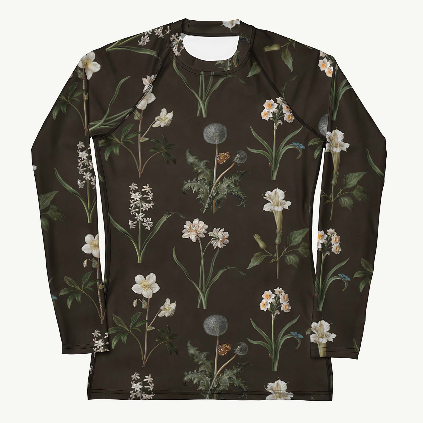 Wild At Hort Rash Guard featuring Deep dark brown background with precise, luminous white botanical specimen illustrations including a delicate dandelion seed head, in a hushed and contemplative style, women’s rash guard