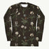 Wild At Hort Rash Guard featuring Deep dark brown background with precise, luminous white botanical specimen illustrations including a delicate dandelion seed head, in a hushed and contemplative style, women’s rash guard