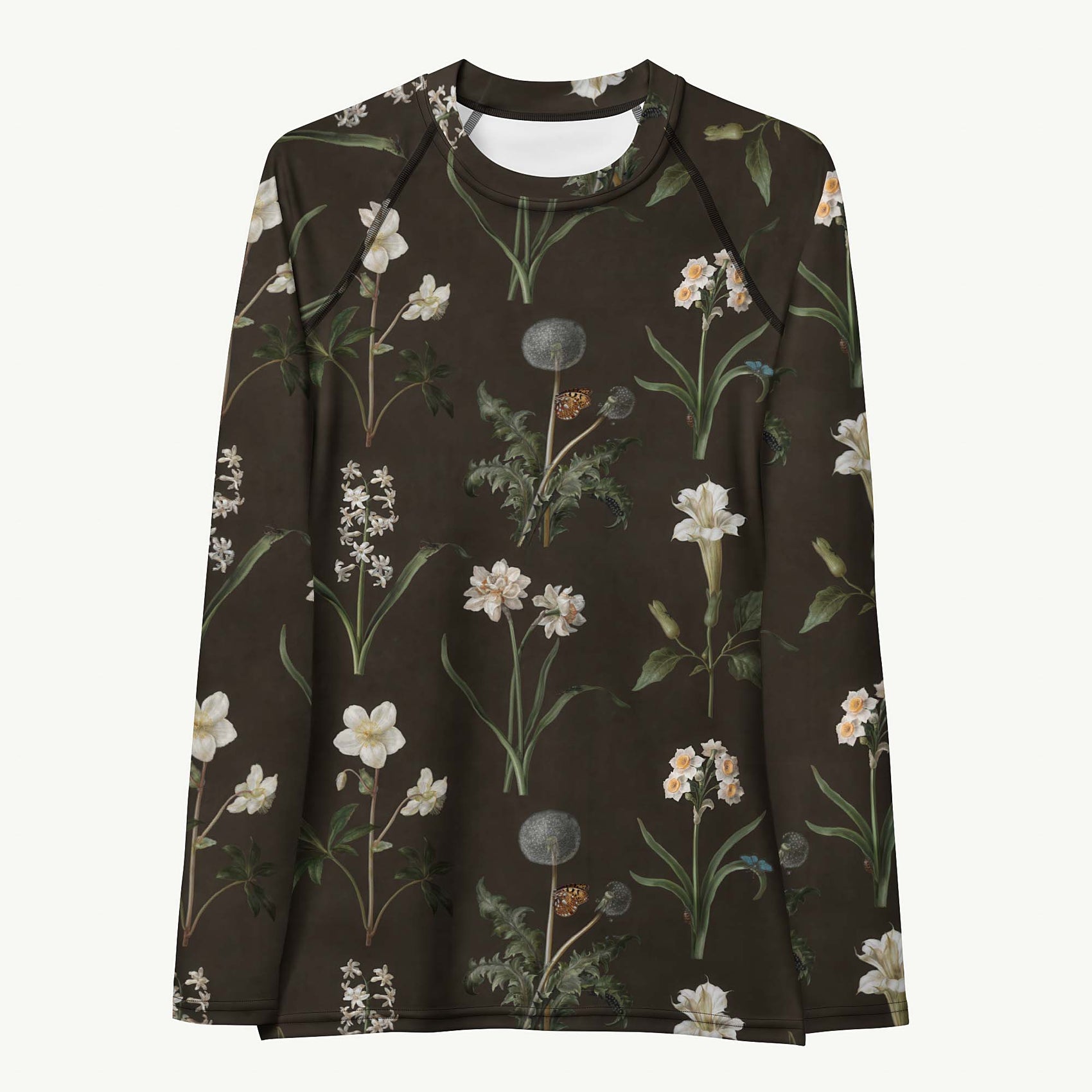 Wild At Hort Rash Guard featuring Deep dark brown background with precise, luminous white botanical specimen illustrations including a delicate dandelion seed head, in a hushed and contemplative style, lightweight women’s rash guard