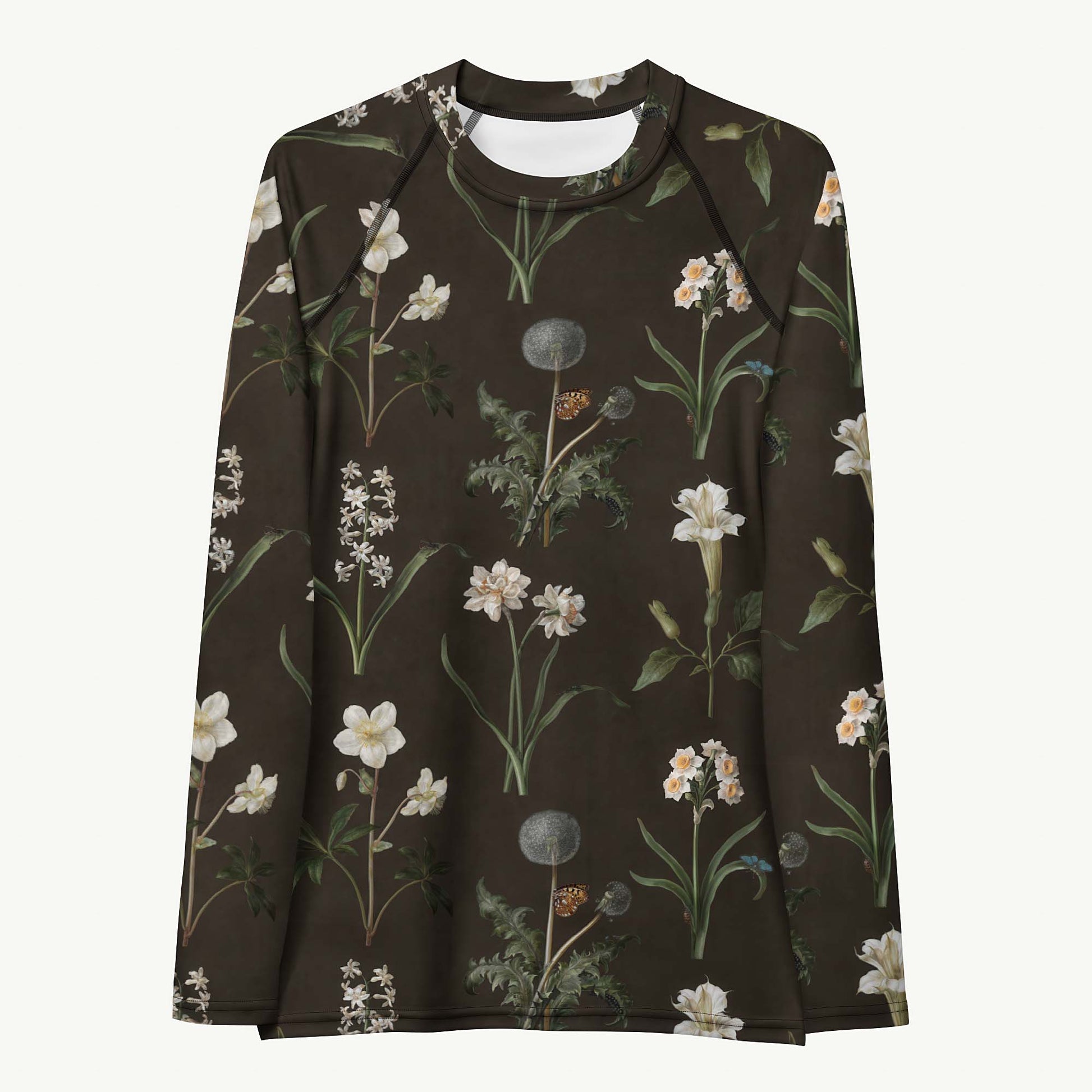 Wild At Hort Rash Guard featuring Deep dark brown background with precise, luminous white botanical specimen illustrations including a delicate dandelion seed head, in a hushed and contemplative style, lightweight women’s rash guard