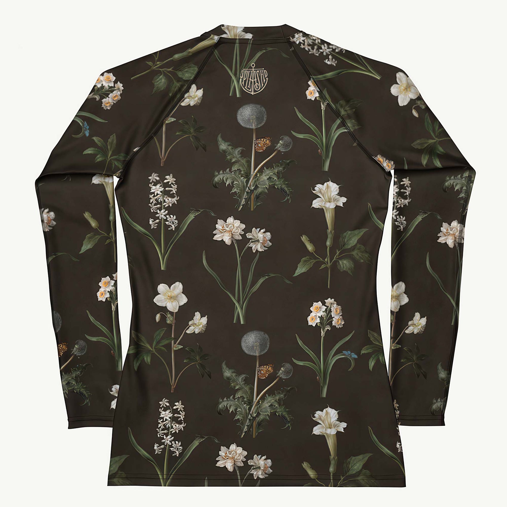 Wild At Hort Rash Guard featuring Deep dark brown background with precise, luminous white botanical specimen illustrations including a delicate dandelion seed head, in a hushed and contemplative style, women’s rash guard in vintage print