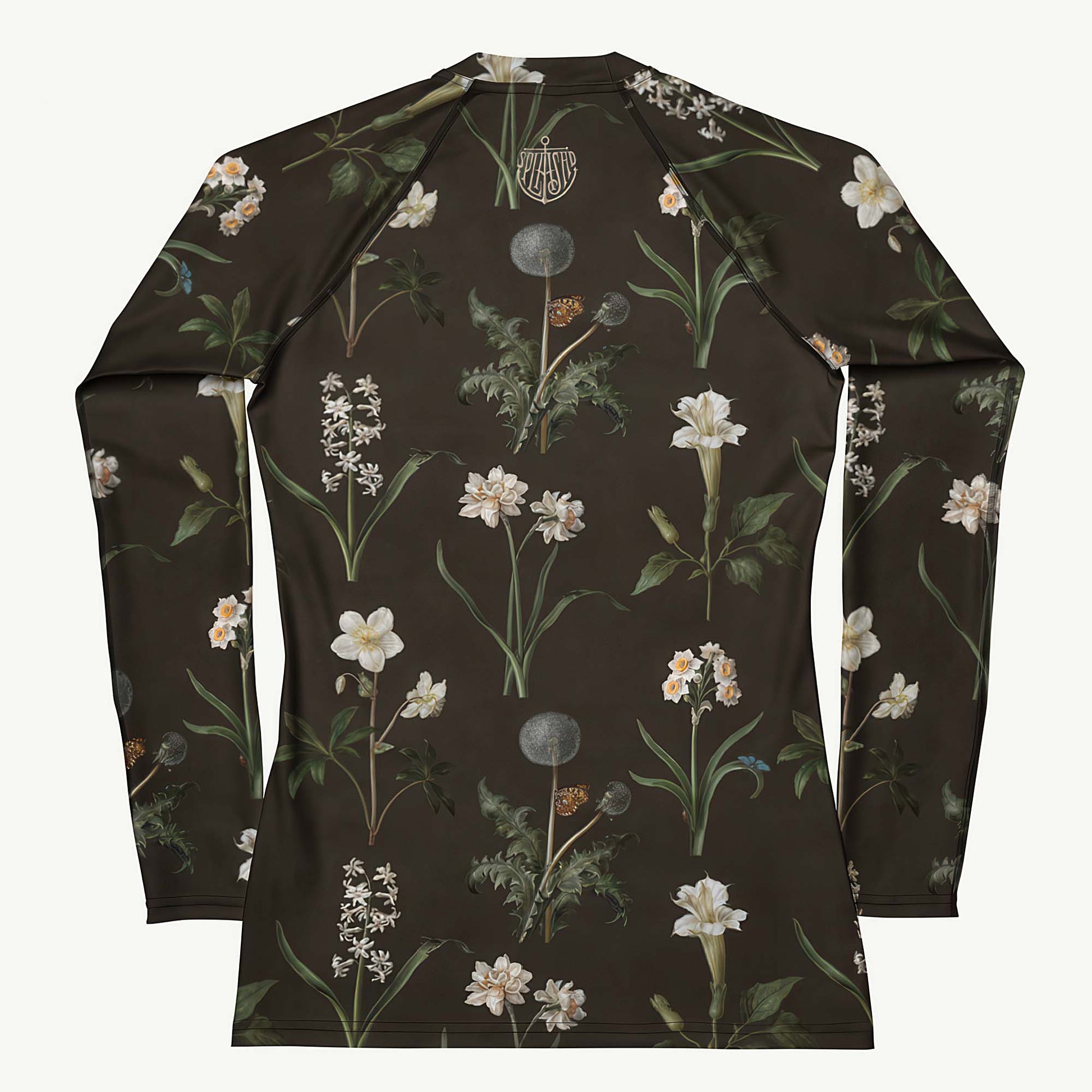 Wild At Hort Rash Guard featuring Deep dark brown background with precise, luminous white botanical specimen illustrations including a delicate dandelion seed head, in a hushed and contemplative style, women’s rash guard in vintage print