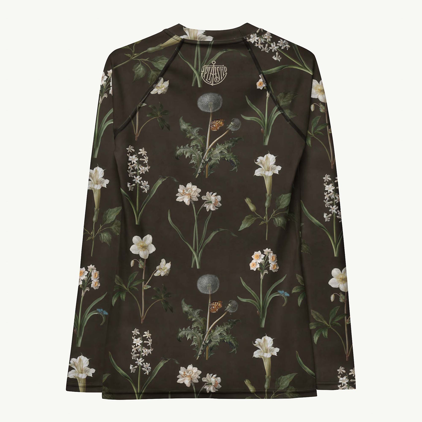 Wild At Hort Rash Guard featuring Deep dark brown background with precise, luminous white botanical specimen illustrations including a delicate dandelion seed head, in a hushed and contemplative style, women’s rash guard with detailed artwork