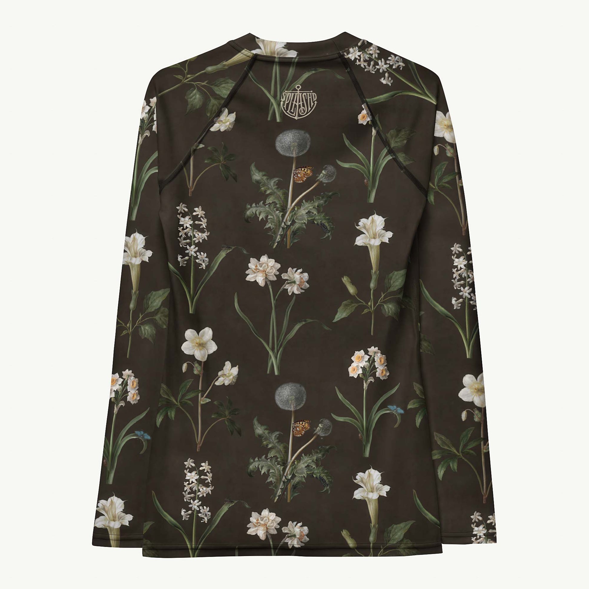 Wild At Hort Rash Guard featuring Deep dark brown background with precise, luminous white botanical specimen illustrations including a delicate dandelion seed head, in a hushed and contemplative style, women’s rash guard with detailed artwork