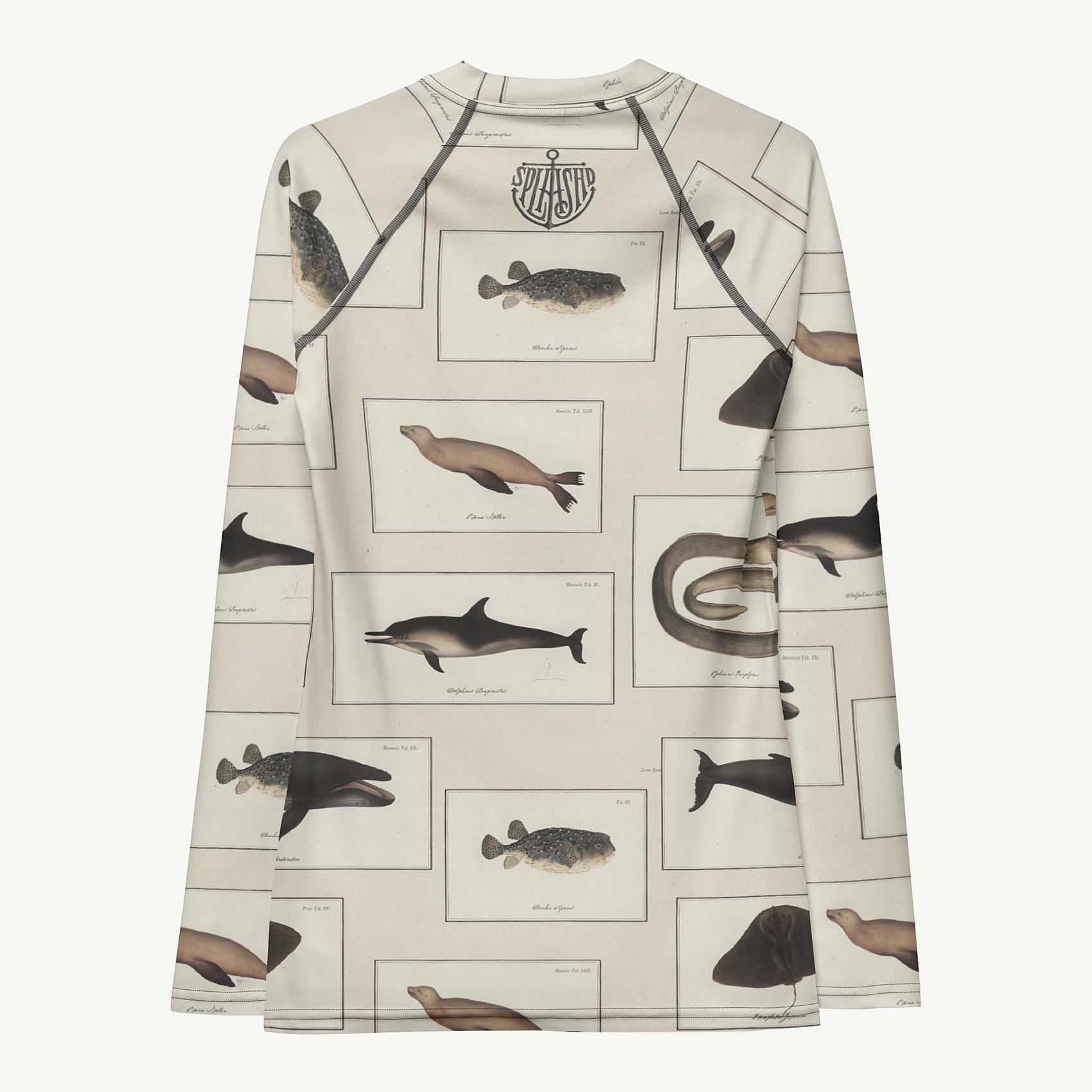 Shoal Mates Rash Guard featuring Aged watercolour paper background featuring Victorian scientific book plate illustrations of dolphins, seals, whales, eels and rays in warm browns and blacks, lightweight women’s rash guard