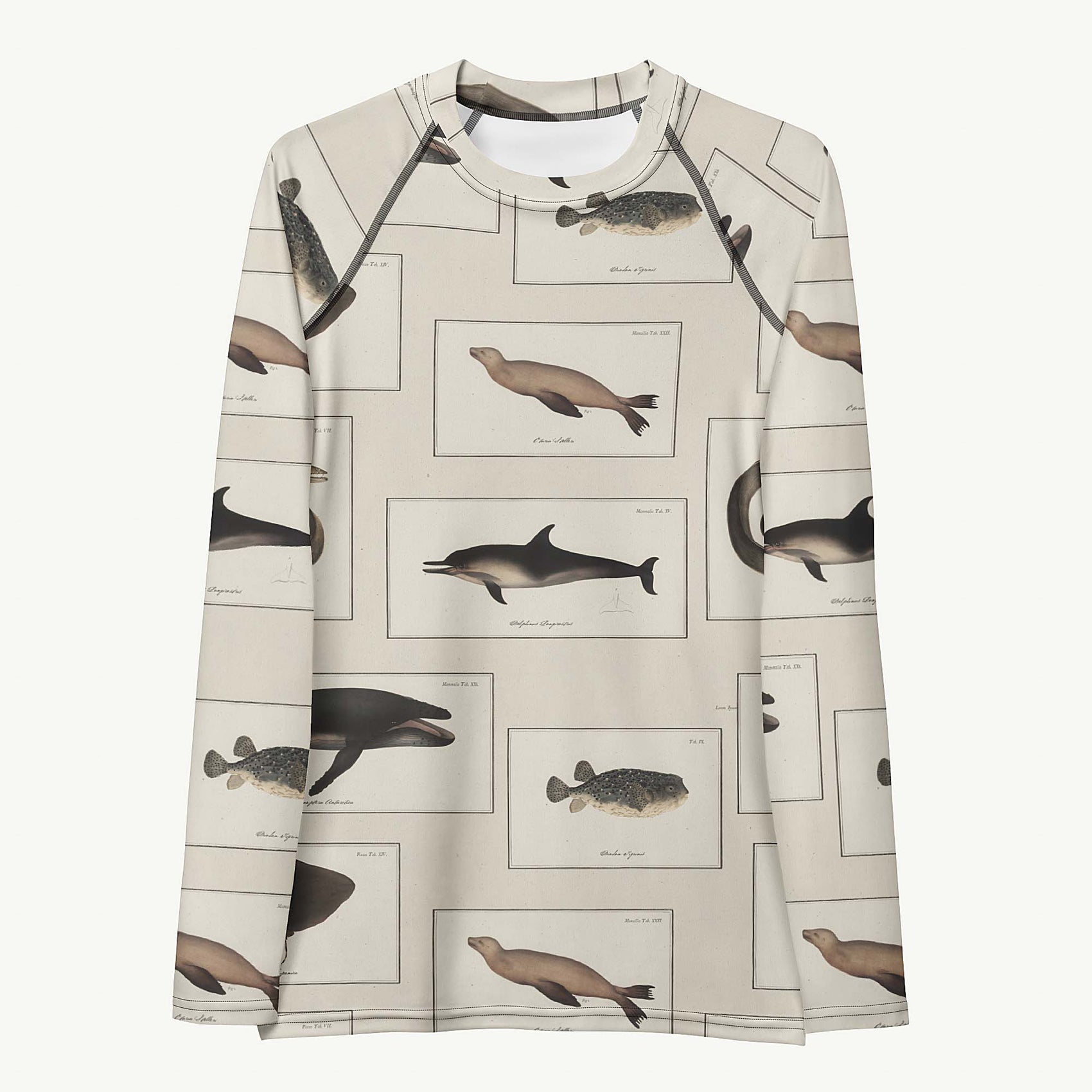 Shoal Mates Rash Guard featuring Aged watercolour paper background featuring Victorian scientific book plate illustrations of dolphins, seals, whales, eels and rays in warm browns and blacks, women’s rash guard