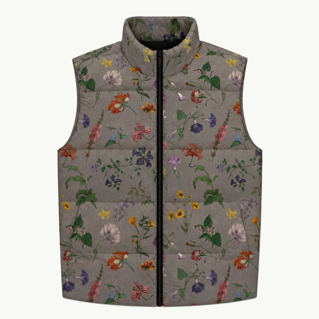What In Carnation Puffy Vest featuring Dark moody background with vibrant wild botanical oil painting illustrations of poppies, morning glories and carnations in rich, dramatic colours, women’s puffy vest