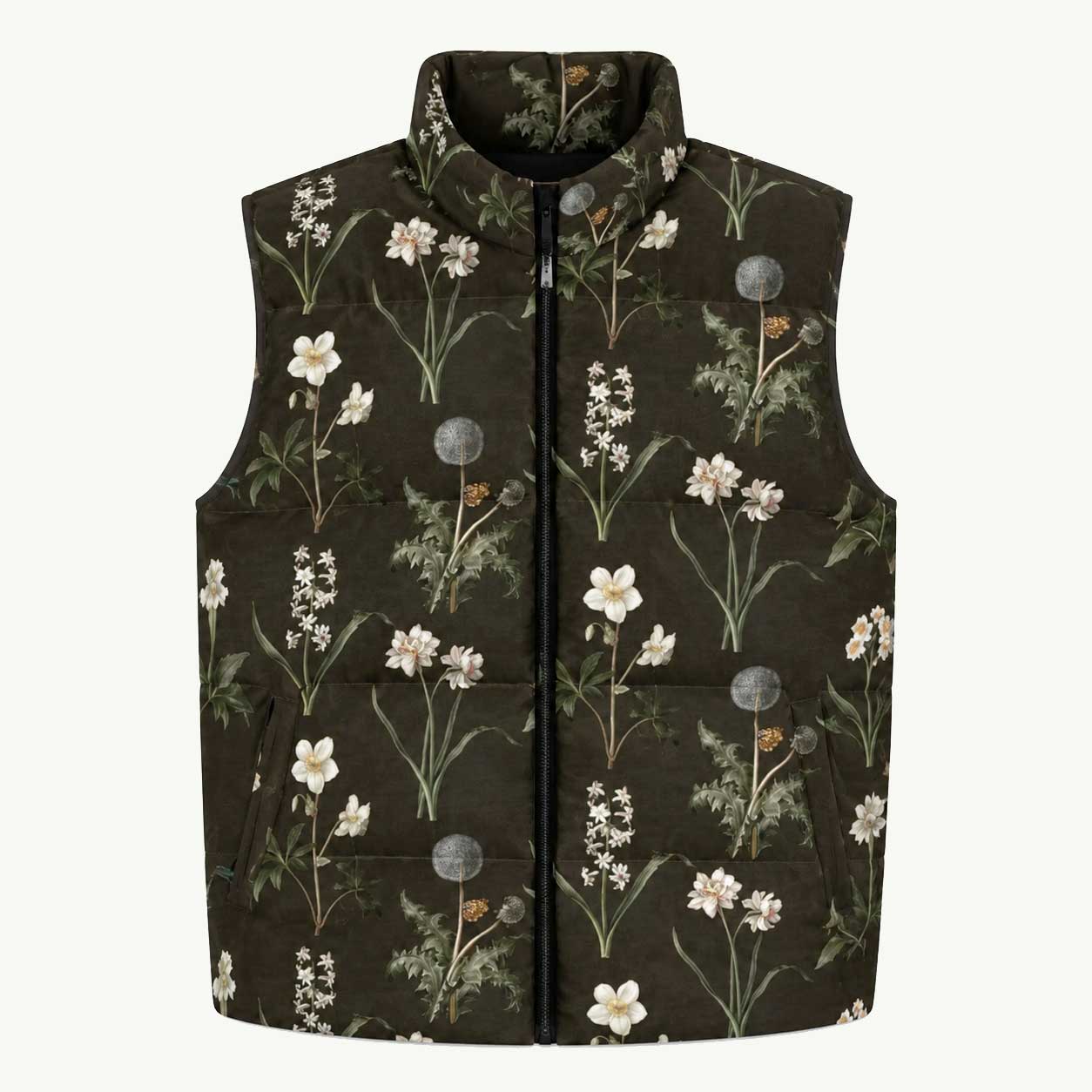 Wild At Hort Puffy Vest featuring Deep dark brown background with precise, luminous white botanical specimen illustrations including a delicate dandelion seed head, in a hushed and contemplative style, women’s puffy vest