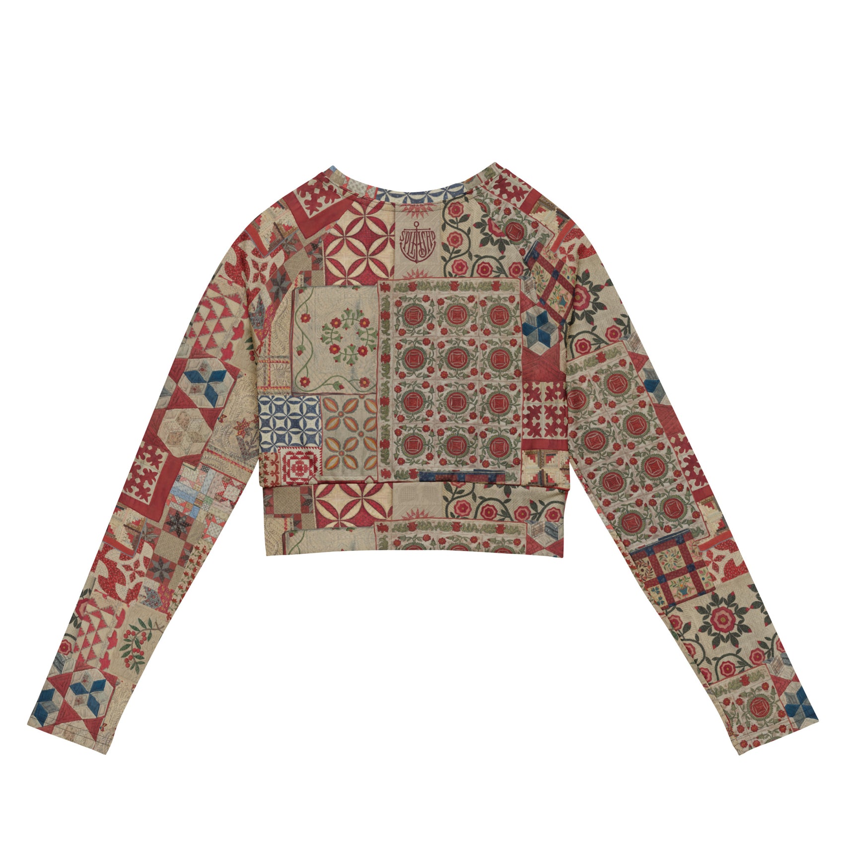 Quilt While You Are Ahead Cropped Rash Guard featuring Rich patchwork repeat pattern in deep reds, blues and warm creams, adapted from 1930s American watercolour documentation of traditional folk quilts, women’s cropped rash guard in vintage print