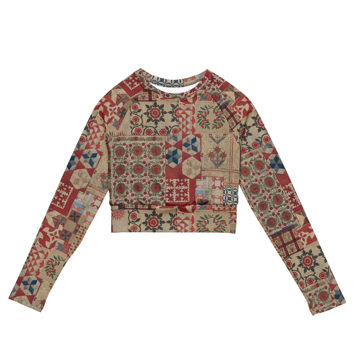Quilt While You Are Ahead Cropped Rash Guard featuring Rich patchwork repeat pattern in deep reds, blues and warm creams, adapted from 1930s American watercolour documentation of traditional folk quilts, women’s cropped rash guard in vintage print