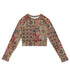 Quilt While You Are Ahead Cropped Rash Guard featuring Rich patchwork repeat pattern in deep reds, blues and warm creams, adapted from 1930s American watercolour documentation of traditional folk quilts, women’s cropped rash guard in vintage print