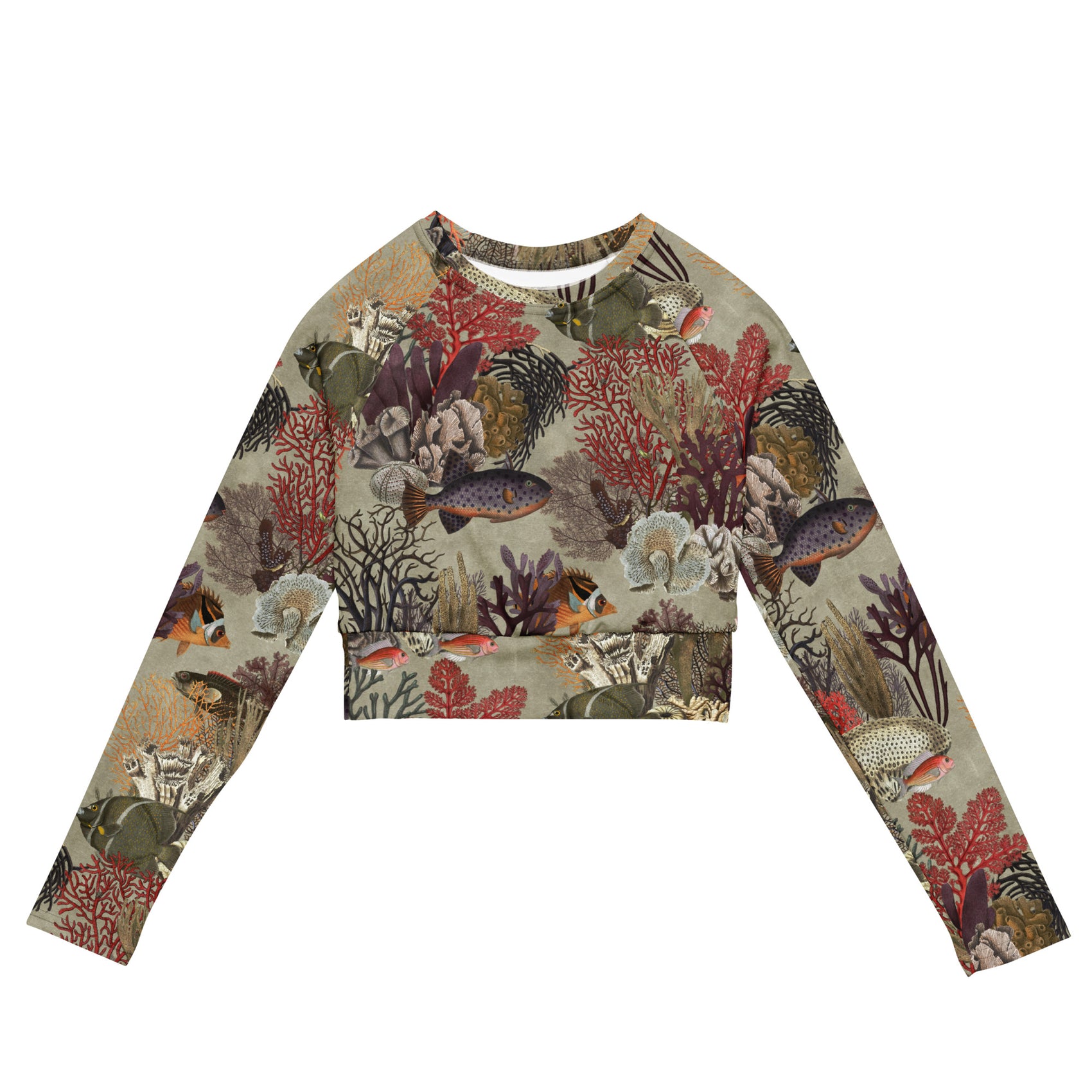 Kelp Calm And Coral On Cropped Rash Guard featuring Moody brown background with layered Victorian marine engravings of coral, kelp and fish in deep purples, reds and burnt oranges, women’s cropped rash guard in vintage print