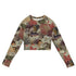 Kelp Calm And Coral On Cropped Rash Guard featuring Moody brown background with layered Victorian marine engravings of coral, kelp and fish in deep purples, reds and burnt oranges, women’s cropped rash guard in vintage print