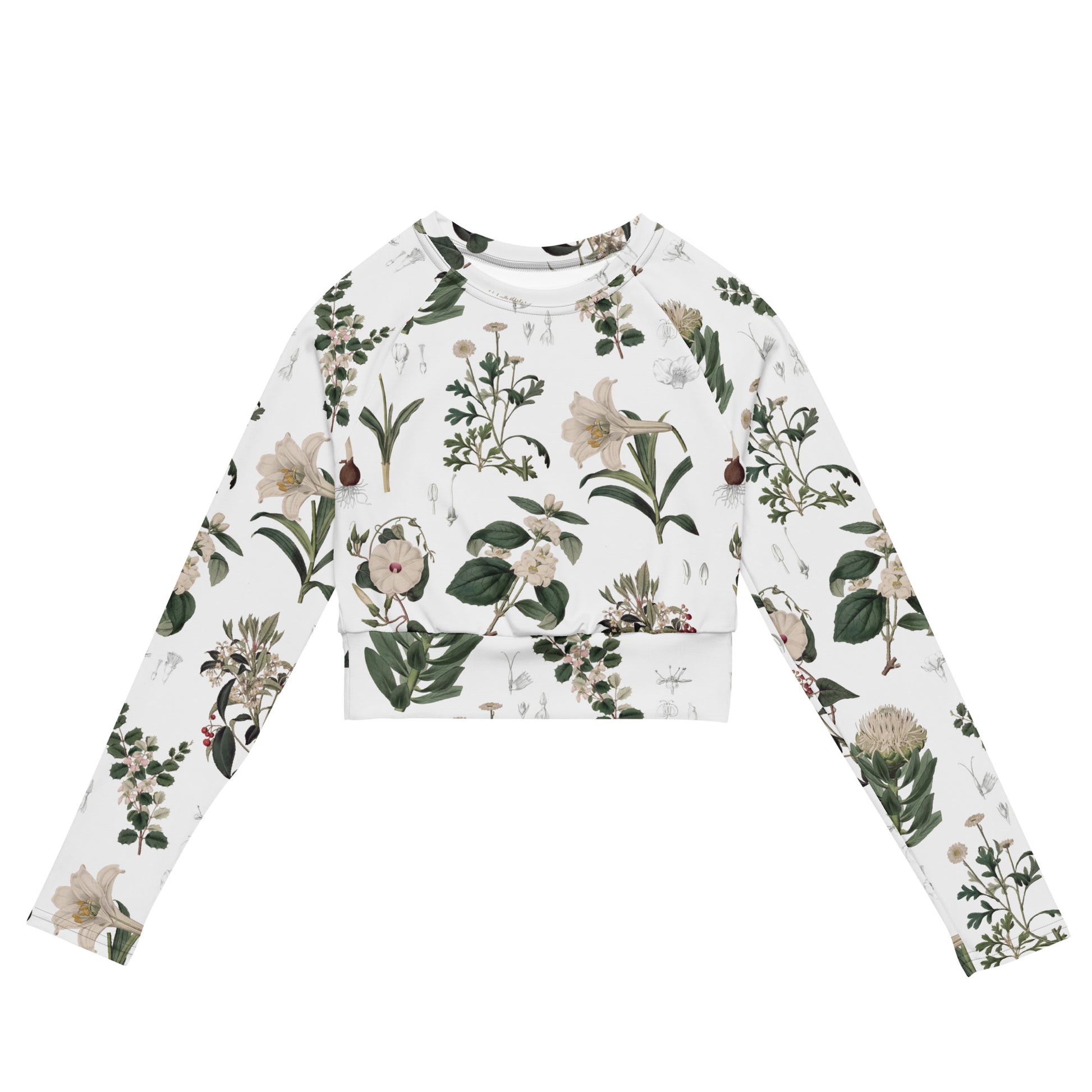 Botany + Clyde Cropped Rash Guard featuring Clean white and green botanical engraving print featuring hand coloured white flowering plants from early 1800s Great Britain in a fresh, peaceful style, women’s cropped rash guard in vintage print