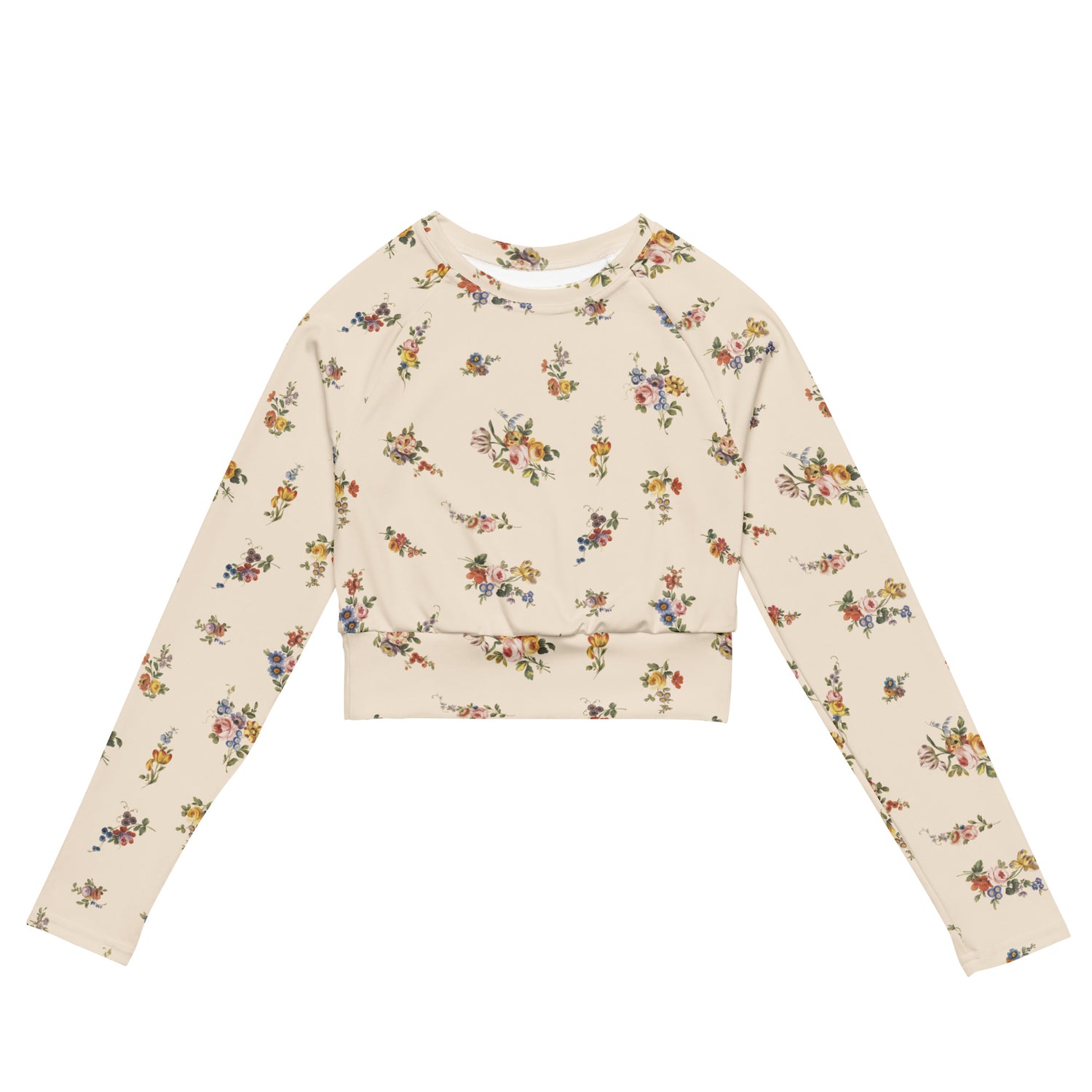 I Lilac You A Lot Cropped Rash Guard featuring Soft cream background with delicate romantic floral motifs taken from 18th century French porcelain designs in gentle pinks, mauves and lilacs, women’s cropped rash guard
