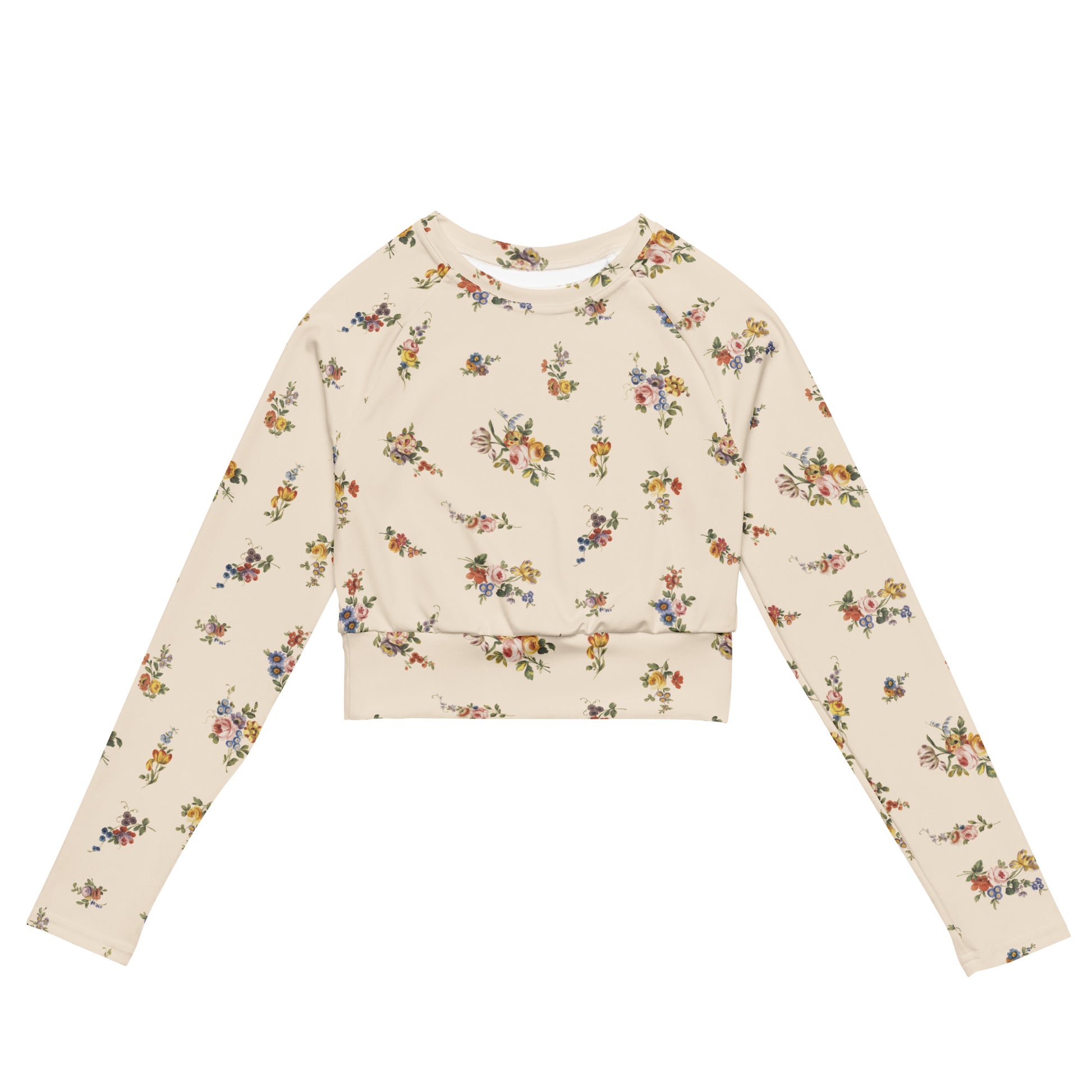 I Lilac You A Lot Cropped Rash Guard featuring Soft cream background with delicate romantic floral motifs taken from 18th century French porcelain designs in gentle pinks, mauves and lilacs, women’s cropped rash guard