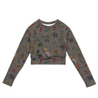 What In Carnation Cropped Rash Guard featuring Dark moody background with vibrant wild botanical oil painting illustrations of poppies, morning glories and carnations in rich, dramatic colours, women’s cropped rash guard