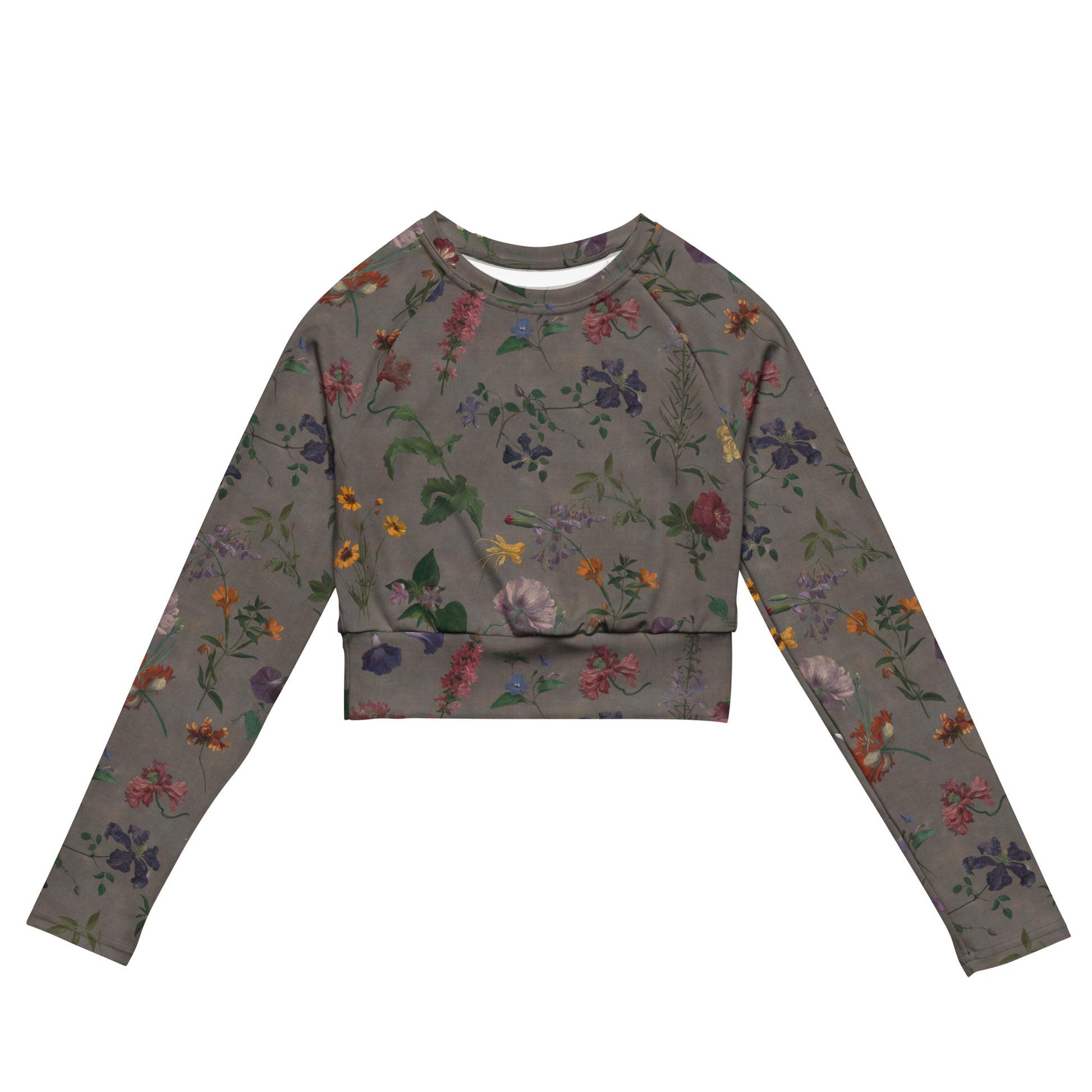 What In Carnation Cropped Rash Guard featuring Dark moody background with vibrant wild botanical oil painting illustrations of poppies, morning glories and carnations in rich, dramatic colours, women’s cropped rash guard